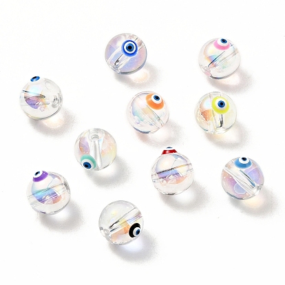 Transparent Glass Beads, with Enamel, Round with Evil Eye Pattern