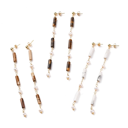 Column Natural Gemstone Dangle Stud Earrings, with Natural Pearl Beads, 304 Stainless Steel Stud Earring Findings and Brass Ear Nuts, Golden