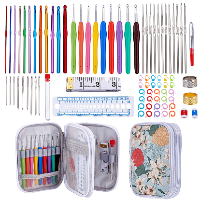 Kits d'outils de tricot bricolage, inclus 1 étui pour PC avec fermeture éclair, 12pcs crochets en fer, 12 pièces de crochets en alliage, 9pcs crochets en aluminium, 9 Aiguilles à fil en alliage (pièces), 1 règles de mesure en plastique pc