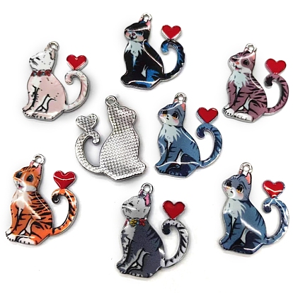 Подвески из эмали и сплава, кот с сердечным шармом, платина
