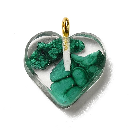 Transparent Resin Pendants, Heart Charms, with Synthetic Dyed Malachite Inside, Golden