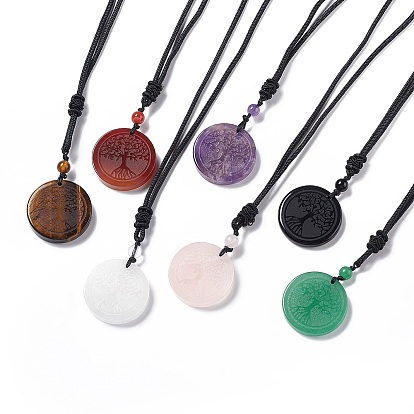 Natural Gemstone Flat Round with Tree of Life Pendant Necklace with Nylon Cord for Women