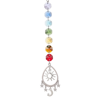 Glass Octagon Pendant Decorations, with Sun & Star & Teardrop Alloy & Stainless Steel Charm, for Home Decorations