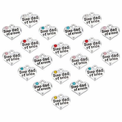 42Pcs 7 Style Wedding Theme Antique Silver Tone Tibetan Style Alloy Heart with Step Dad of Bride Rhinestone Charms, Cadmium Free & Lead Free