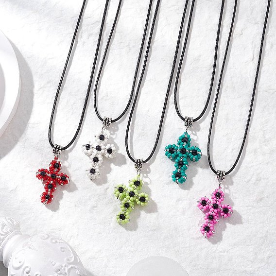 Ожерелья с подвесками в виде креста из стеклянных бусин и синтетического синего золота, ожерелья из черного вощеного хлопкового шнура для женщин