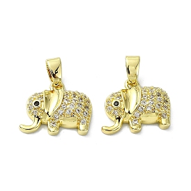Rack Plating Brass Micro Pave Clear Cubic Zirconia Pendants, Long-Lasting Plated, Lead Free & Cadmium Free, Elephant