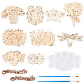 Nbeads 90Pcs 9 Styles Wood Cutouts Ornaments, with 1Pc Plastic Paint Brushes Pens and 1Pc Plastic Watercolor Oil Palette