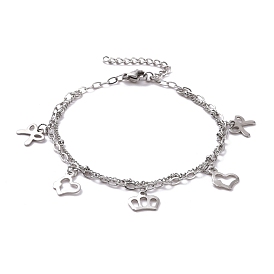 304 Stainless Steel Double Chains Multi-strand Bracelets, Heart & Heart & Crown 201 Stainless Steel Charm Bracelet for Women