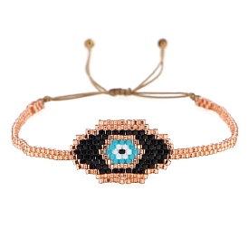 Friendship Evil Eye Loom Pattern Seed Beads Bracelets for Women, Adjustable Nylon Cord Braided Bead Bracelets