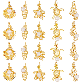 20 шт 5 стили латунные подвески, океанские темы, с искусственным жемчугом, долговечный, без кадмия и без свинца, стойки покрытие, реальный 18 k позолоченный, с целью перехода в кольце