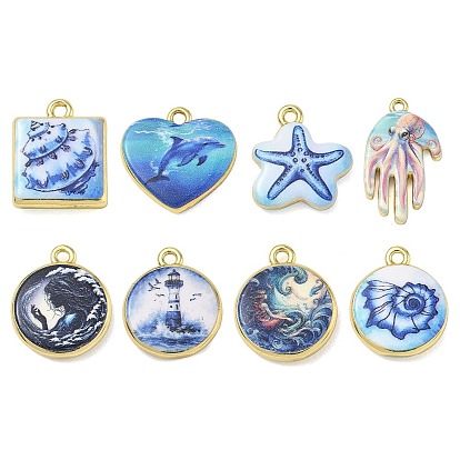 Printed Brass Pendants, Ocean Theme Charms, Golden