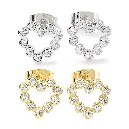 Brass Micro Pave Cubic Zirconia Stud Earrings, Heart Jewelry for Women