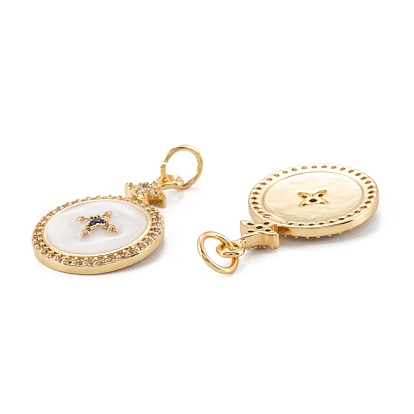 Brass Micro Pave Cubic Zirconia Pendant, with Enamel, Long-Lasting Plated, Flat Round with Star
