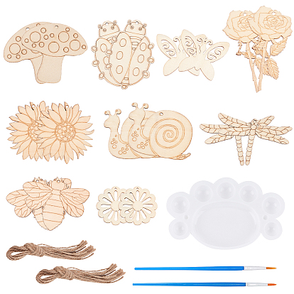 90Pcs 9 Styles Wood Cutouts Ornaments, with 1Pc Plastic Paint Brushes Pens and 1Pc Plastic Watercolor Oil Palette