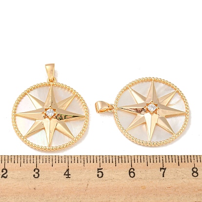 Brass Micro Pave Cubic Zirconia Pendants, with Shell, Flat Round with Star