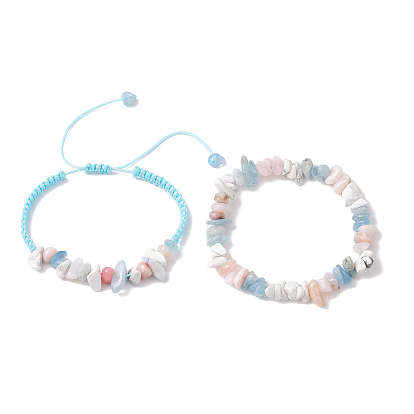 2Pcs Natural Gemstone Stretch Bracelet Sets for Women, Adjustable Rhombus Braided Beads Bracelets