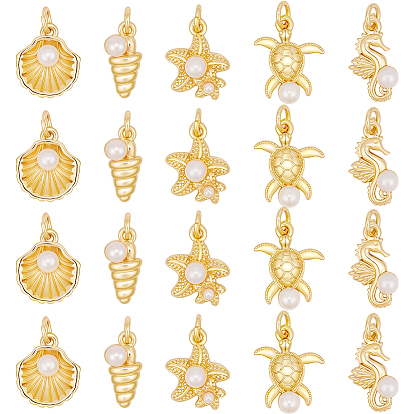 20 шт 5 стили латунные подвески, океанские темы, с искусственным жемчугом, долговечный, без кадмия и без свинца, стойки покрытие, реальный 18 k позолоченный, с целью перехода в кольце