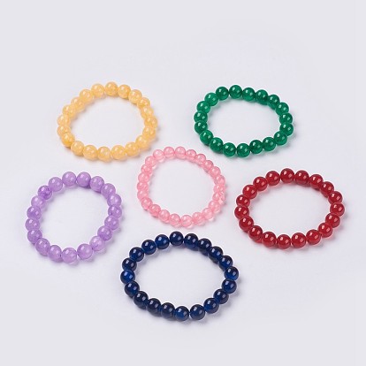 Bracelet extensible avec perles de jade vert naturel, teint, ronde