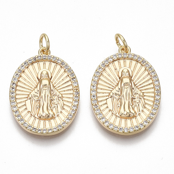 Brass Micro Pave Cubic Zirconia Pendants, Oval with Holy Virgin, Nickel Free, Clear