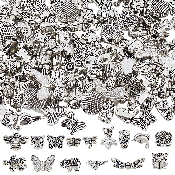 150Pcs 15 Styles Insect Tibetan Style Alloy Beads, Lead Free & Nickel Free & Cadmium Free