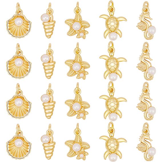 20 шт 5 стили латунные подвески, океанские темы, с искусственным жемчугом, долговечный, без кадмия и без свинца, стойки покрытие, реальный 18 k позолоченный, с целью перехода в кольце