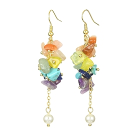 Natural & Synthetic Mixed Gemstone Chips & Shell Pearl Dangle Earrings, Cluster Earrings