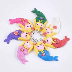 Handmade Polymer Clay Pendants, with Iron Findings, Mermaid, Platinum