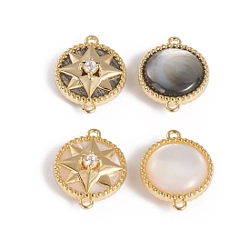 Natural Shell Links Connectors, with Golden Plated Brass Findings and Cubic Zirconia, Long-Lasting Plated, Flat Round with Star