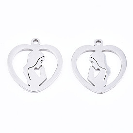 201 Stainless Steel Pendants, Laser Cut, Heart with Virgin Mary