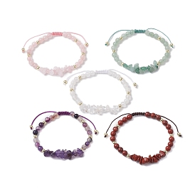 Adjustable Chip & Round Mixed Gemstone Braided Bead Bracelets for Women