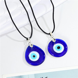 Vintage Blue Glass Pendant Evil Eye Necklace with Turkish Eye Charm and Leather Cord for Women
