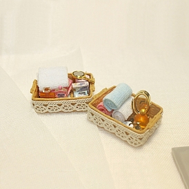 Miniature Resin Bathroom Basket Dollhouse Sets, Mini Bath Tray with Cloth Towel and Alloy Mirror, Dollhouse Decor