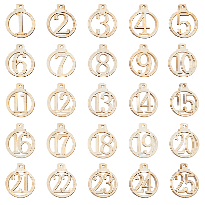 Древесины подвески, вырезанные лазером деревянные формы, плоские круглые с номером 1~25