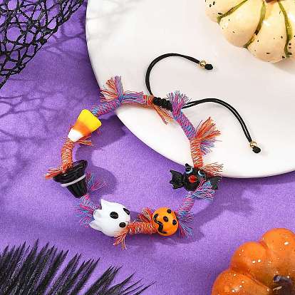 Halloween Handmade Lampwork Ghost Pumpkin Bat Braided Bead Bracelets, with Cotton and Nylon Tassel Cord