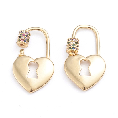 Brass Micro Pave Cubic Zirconia Screw Carabiner Lock Charms, for Necklaces Making, Heart Lock, Real 18K Gold Plated