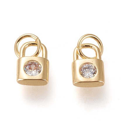 Brass Cubic Zirconia Charms, with Jump Rings, Long-Lasting Plated, Lock, Clear