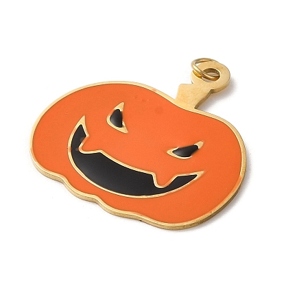 Halloween 304 Stainless Steel Pendants, with Enamel and Jump Ring, Real 14K Gold Plated, Pumpkin Charm