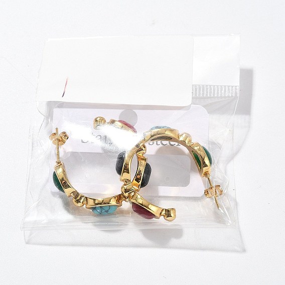 304 серьги-гвоздики из нержавеющей стали с синтетической бирюзой и синтетическим агатом, c-образный