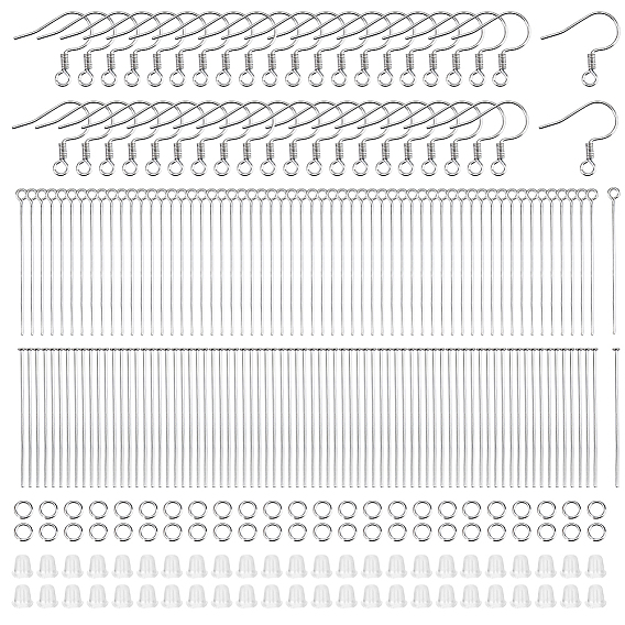 Наборы фурнитуры для сережек своими руками, в том числе 304 крючки для сережек из нержавеющей стали, открытые соединительные кольца и плоские штифты., пластиковые гайки для ушей