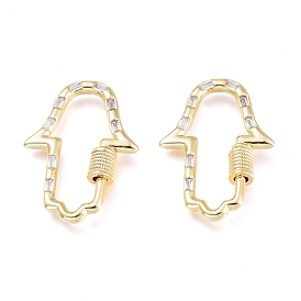 Brass Micro Pave Cubic Zirconia Screw Carabiner Lock Charms, for Necklaces Making, Hamsa Hand/Hand of Fatima /Hand of Miriam, Golden