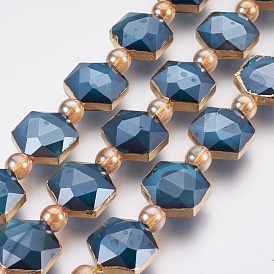 Electroplate Glass Beads Strands, Faceted, with Golden Tone Brass Edge, Full Plated, Hexagon & Round
