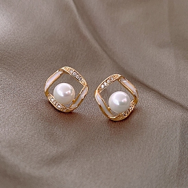 Alloy Enamel Earrings for Women, with Imitation Pearl Beads and 925 Sterling Silver Pin