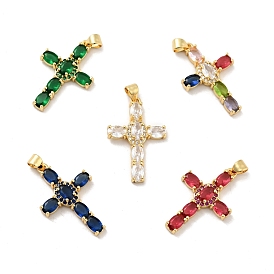 Rack Plating Brass Micro Pave Cubic Zirconia Pendants, Long-Lasting Plated, Lead Free & Cadmium Free, Cross, Real 18K Gold Plated, Religion