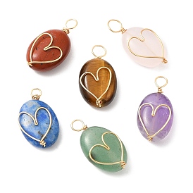 6Pcs Natural Mixed Gemstone Copper Wire Wrapped Pendants, Oval Charms with Heart, Light Gold