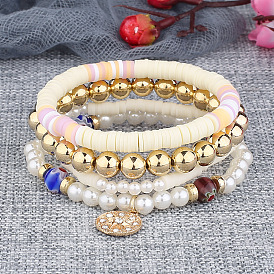 Bohemian Style Multi-layered Hand Bracelet Set with Glass Beads and Clay Pieces