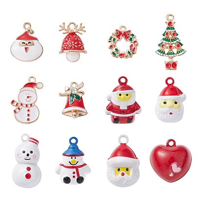 Christmas Theme Pendant Jewelry Making Finding Kit, Including Alloy Enamel & Brass Pendants, Bell & Wreath & Santa Claus & Heart & Snowman