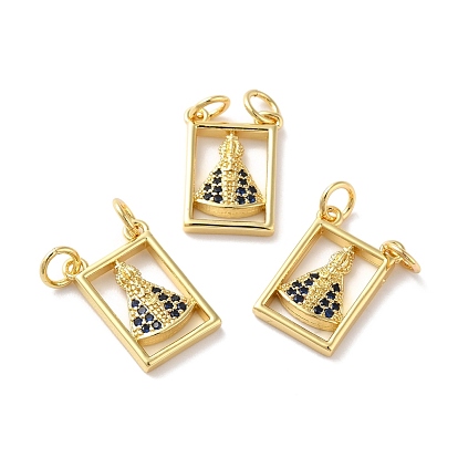 Rack Plating Brass Micro Pave Cubic Zirconia Pendants, Cadmium Free & Lead Free, Long-Lasting Plated, Real 18K Gold Plated, Rectangle with Skirt