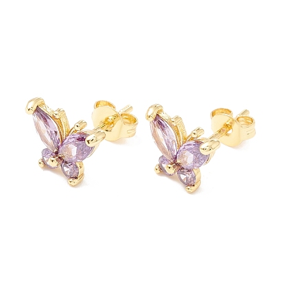 Brass Micro Pave Cubic Zirconia Stud Earring, 
Real 18K Gold Plated, Butterfly