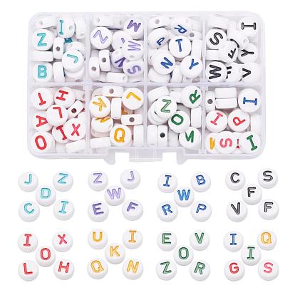 200Pcs 8 Style Opaque White Acrylic Beads, with Enamel, Horizontal Hole, Flat Round with Random Initial Letter