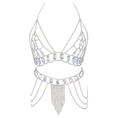 1Нагрудная цепочка из сплава с акриловыми вставками и 1цепочка на талию и живот для юбки/бикини, создающая сексуальный образ.